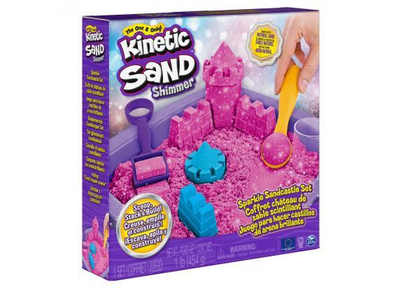 Kinetic Sand Shimmer - Zandkasteel-set met 453 g roze glinsterend origineel kinetisch zand 3 vormpjes en 2 stuks gereedschap - Sensorisch speelgoed