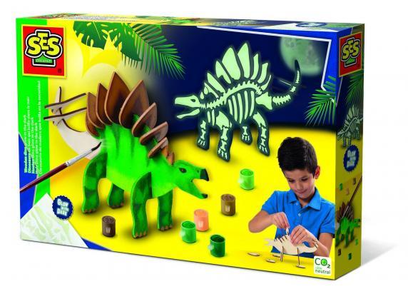 SES - Houten dino - glow in the dark - geen lijm nodig - inclusief verf, penseel, sponsje en glow in the dark stickers - knutselen jongens - Dinosaurus Speelgoed