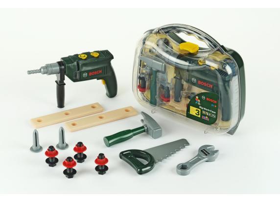 Klein Toys Bosch 16-delige gereedschapskoffer - boormachine, hamer, zaag, steeksleutel en gereedschap accessoires - incl. licht- en geluidseffecten - groen