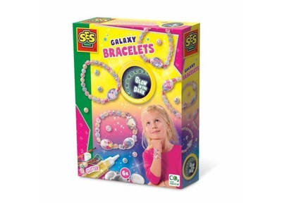 SES - Galaxy - Glow in the dark armbandjes maken meisjes- elastieken armbanden - bedelsieraden met glow in the dark kralen - knutselen meisjes