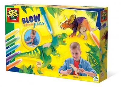 SES - Blow airbrush pens - Dino's - 5 stuks - blaasstift - goed uitwasbaar - inclusief dino onderdelen, lijm, penseel en stickers - knutselen jongens - Dinosaurus Speelgoed
