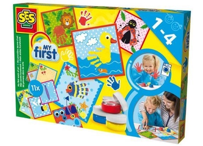 SES - My First - Mijn eerste kunstwerk - inclusief 3 kleuren vingerverf, penseel en 11 voorbedrukte kaarten - hypoallergeen - makkelijk uitwasbaar