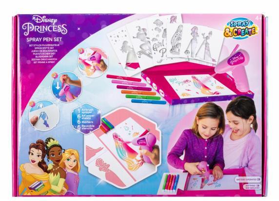 Disney Princess - Spray Pen Set Batterij - DP23369 - Airbrush Kleurstiften voor Kinderen - Tekenset met Gekleurde Pennen en Tekensjablonen