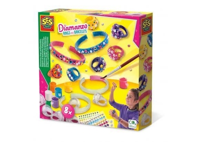 SES - Diamanzo ringen en armbanden - sieraden maken - armbandjes maken meisjes - 6 ringen en 2 armbanden - 380 diamonds en 84 parels - inclusief verf en penseel - knutselen meisjes