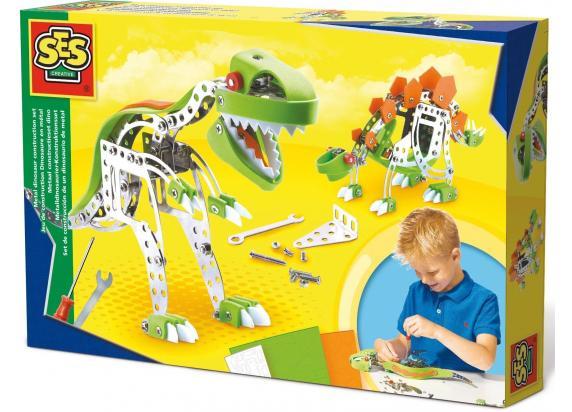 SES - Metaal constructieset Dino - met 3 kleuren foam onderdelen - inclusief boutjes, moertjes, moersleutel en schroevendraaier - knutselen jongens - Dinosaurus Speelgoed