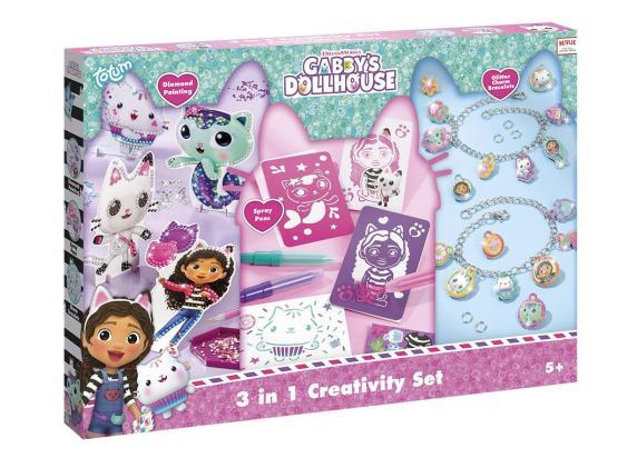 Gabby's Poppenhuis Totum knutselpakket XL 3 in 1 bedel armbandjes maken, diamond paint, spraypens en sjablonen - Gabby's Dollhouse cadeautip creatief speelgoed