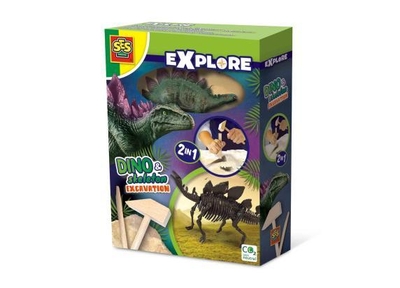 SES - Dino en skelet opgraven 2 in 1 - Stegosaurus - bikblok met skelet - complete set met houten hamer en beitel - Dinosaurus Speelgoed
