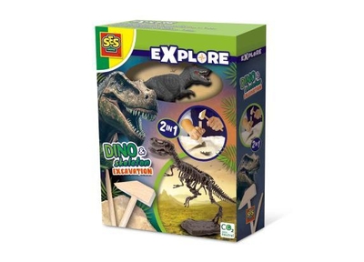 SES - Explore - Dino en skelet opgraven 2 in 1 - T-rex - bikblok met skelet - complete set met houten hamer en beitel - Dinosaurus Speelgoed