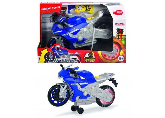 Dickie - Moto - Yamaha R1 - Wheelie Raiders - Gemotoriseerd voorwaartse aandrijving en wheelie functie, licht geluid, 26 cm, blauw, speelgoedvoertuig