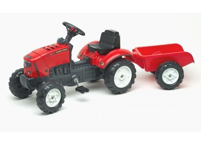 Rode Supercharger traptractor met te openen motorkap en aanhanger