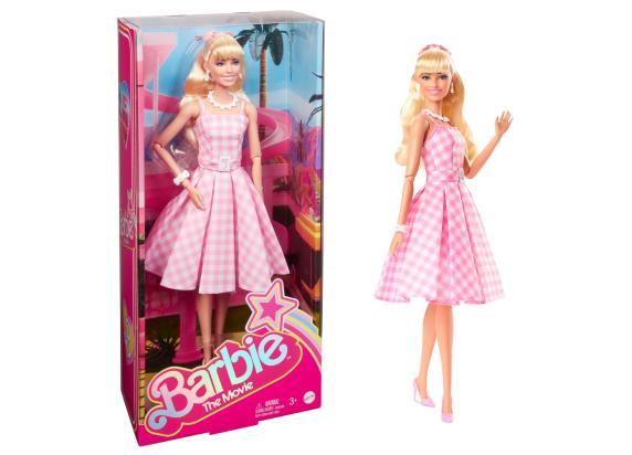 Barbie The movie pop - Margot Robbie - Roze-wit geruite jurk - 33 cm - Barbie film pop