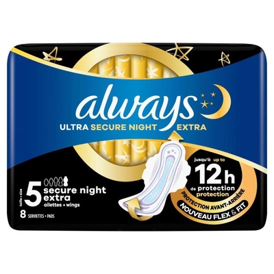 Always Ultra Secure Night Extra Maandverband Met Vleugels 8 Stuks