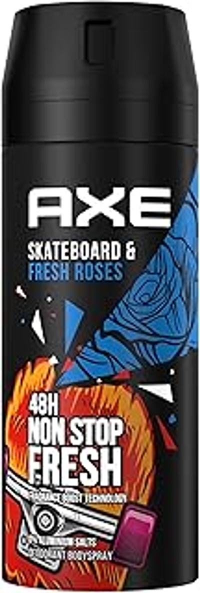 Axe Bodyspray Skateboard & Fresh Roses Deodorant zonder aluminium zorgt 48 uur lang voor effectieve bescherming tegen lichaamsgeur, 150 ml