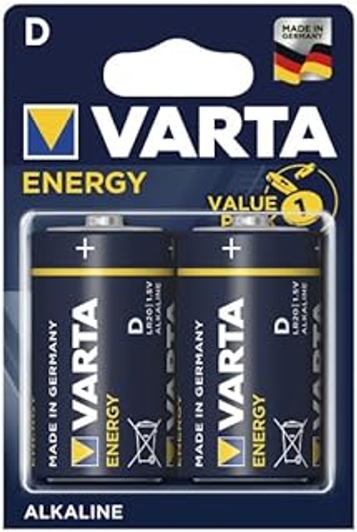 Blisterverpakking met 2 batterijen D/LR20 1,5 V Varta Alkaline Energy, ideaal voor apparaten met een hoog stroomverbruik. Lange levensduur en betrouwbare prestaties voor uw elektronische apparaten.