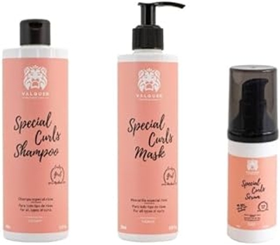 Valquer Professional, Curly Method Pack Shampoo 400 ml + Masker 290 ml + Serum 300 ml Speciaal voor Krullen, Krullend Haar, Sulfaatvrij, Zoutvrij Perfecte Krullen. Tot 96% natuurlijke oorsprong