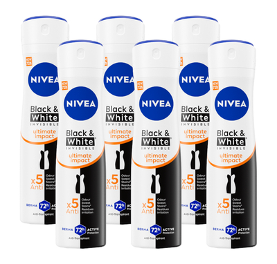 Nivea Black & White Invisible Ultimate Impact Deodorant Spray Multiverpakking 6x150 ml