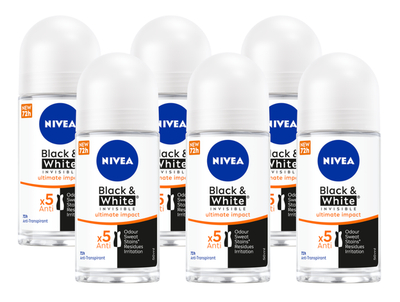 Nivea Black & White Invisible Ultimate Impact Deoroller Multiverpakking 6x50 ml