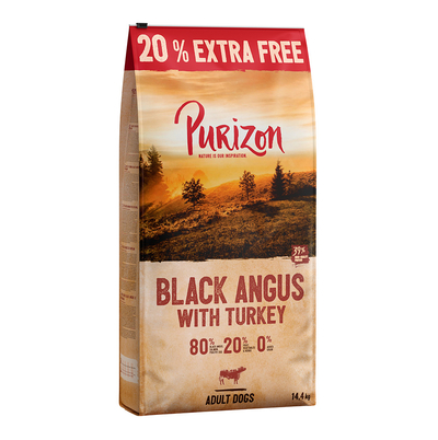 12 kg + 20% gratis! 14.4 kg Purizon Droogvoer - Graanvrij - Black-Angus-Rund met Kalkoen - hondenbrokken