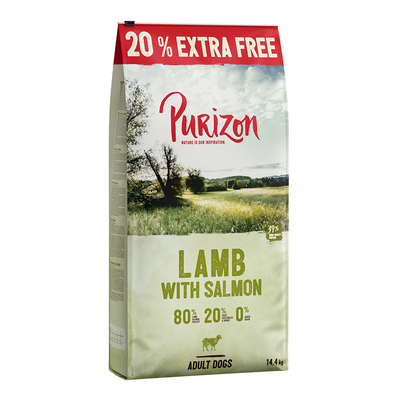 12 kg + 20% gratis! 14.4 kg Purizon Droogvoer - Graanvrij - Lam met Zalm - hondenbrokken