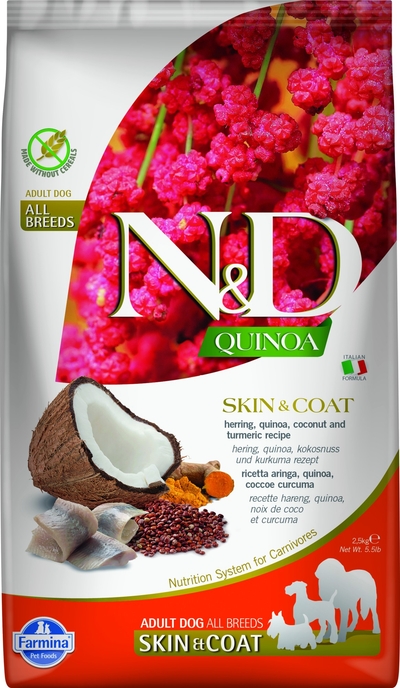 N&D Quinoa hondenvoeding Skin & Coat medium/maxi Haring 2,5 kg hondenbrokken