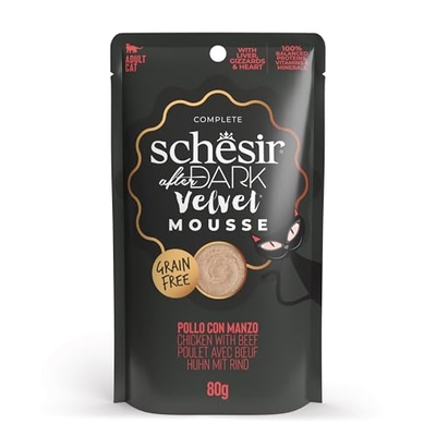 Schesir After Dark, kip smaak met rundvlees in mousse, compleet natvoer voor volwassen katten (Bustine 12 à 80 g) - kattenbrokken