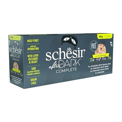 Schesir After Dark, Gusto Variety Pack in pasta, natvoer voor volwassen katten (12 blikjes à 80 g) - kattenbrokken