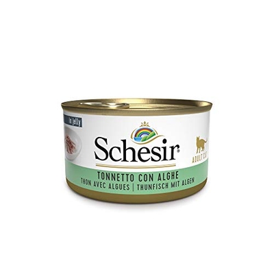 Schesir, Natvoer voor volwassen katten, smaak Bacoretta met algen in zachte gelatine, in totaal 2 kg (24 blikjes x 85 g) - natvoer katten