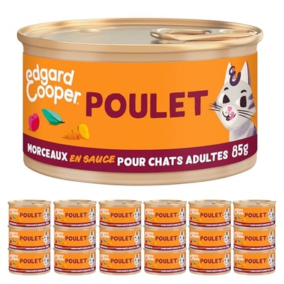 Edgard & Cooper Wegvoer voor katten, volwassenen, (kip, 85 g x 18), paté van saus voor katten, vers vlees en hoogwaardige eiwitten, gesteriliseerde en actieve kattenvoer - natvoer katten