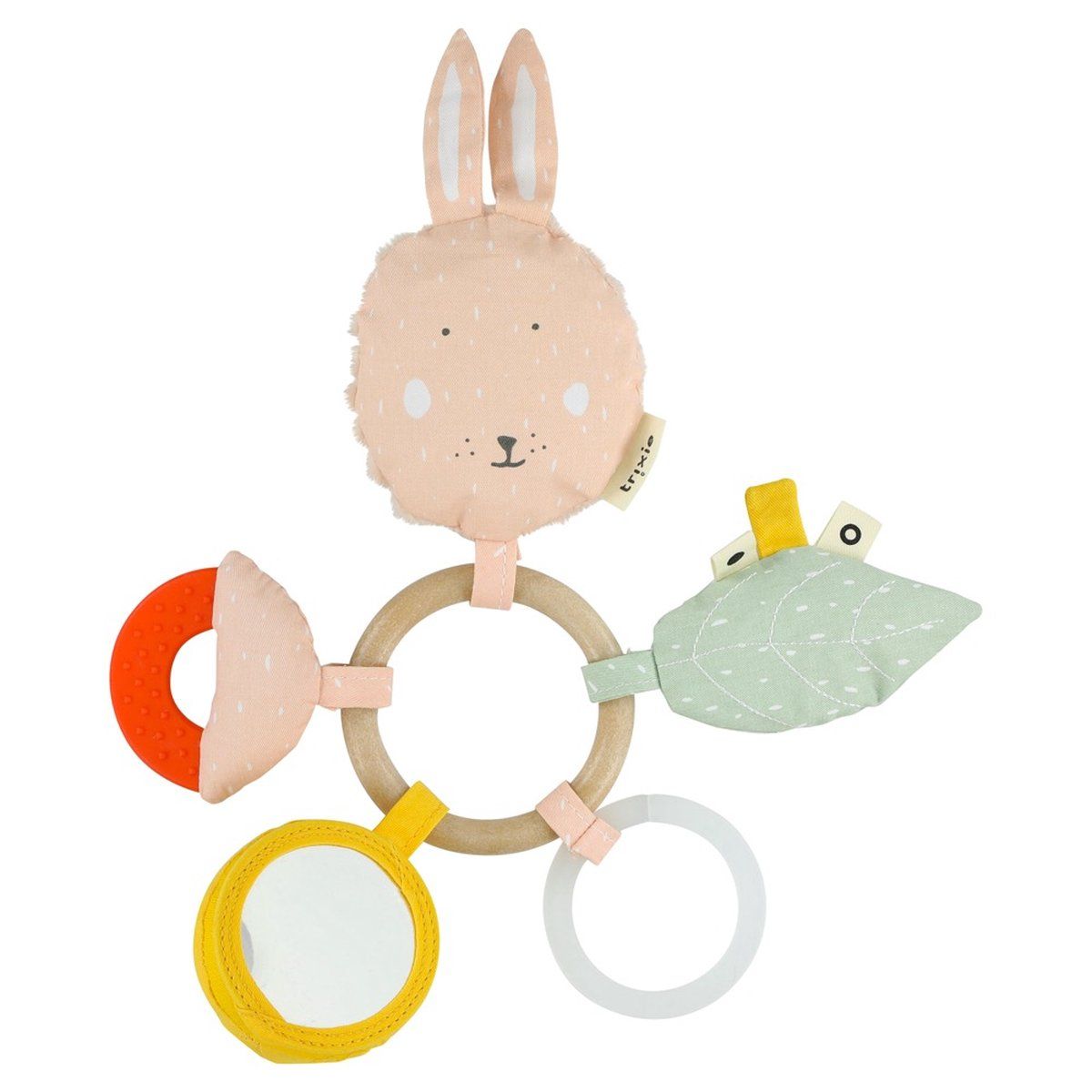 Trixie Activiteitenring Mrs. Rabbit - Bijtring - Baby speelgoed - Kraamcadeau - Voel-en grijp speelgoed - Konijn - Roze