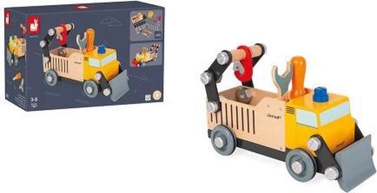 Janod Brico'kids - Houten Bouwvrachtwagen - Een Grote Vrachtwagen Van 30 Cm - Deze 43-Delige Set Bevat 2 Gereedschappen Om Het Voertuig In Elkaar Te Zetten En Een Volledige Montagehandleiding - Geschikt Vanaf 3 Jaar