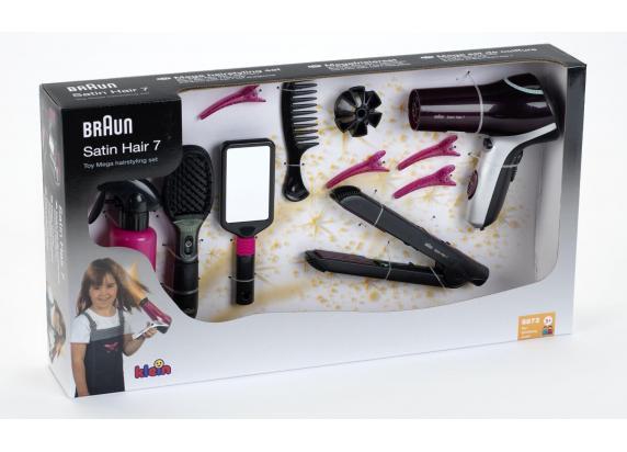 Klein Toys Braun Satin Hair 7 mega kappersset - haardroger, stijltang en haarborstel - incl. stylingaccessoires en ventilator met koude-lucht-mechanisme - zwart roze