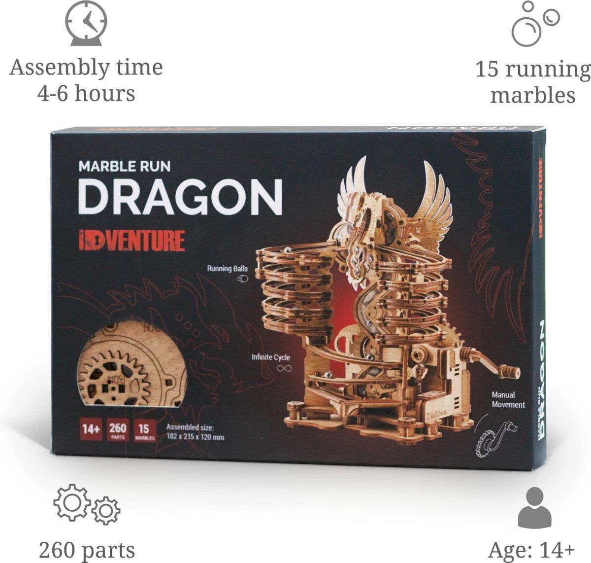 iDventure - Marble Run Dragon - Bouwpakket Knikkerbaan - Hout - 260 Onderdelen en 15 Metalen Knikkers - Geschikt vanaf 14 Jaar -