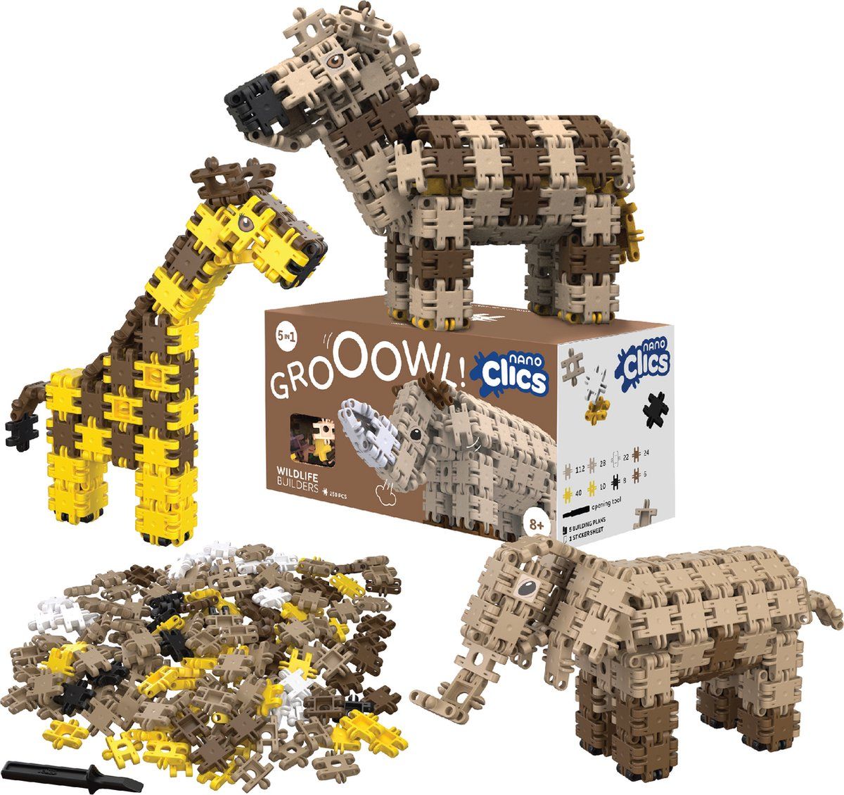 Nano Clics – Wildlife Builders 250 Piece Set – 5 in 1 Bouwblokken – SPEELGOED Gemaakt Van 100% RECYCLED Plastic – Speelgoed 8, 9, 10, 11, 12 jaar – Constructie Speelgoed