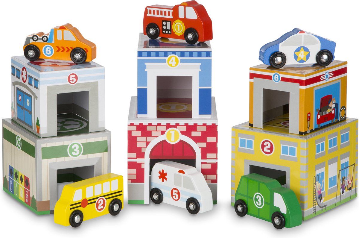 Melissa & Doug Stapel- en sorteerblokken – 6 gebouwen en 6 houten voertuigen