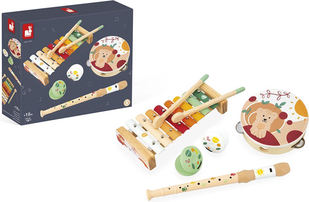 Janod Sunshine - Muziek Set - Set Bestaande Uit 5 Houten Instrumenten - Met Deze Complete Set Kunnen Kinderen Verschillende Geluiden Ontdekken, Of Kunnen Meerdere Kinderen Samen Spelen! - Geschikt Vanaf 18 Maanden