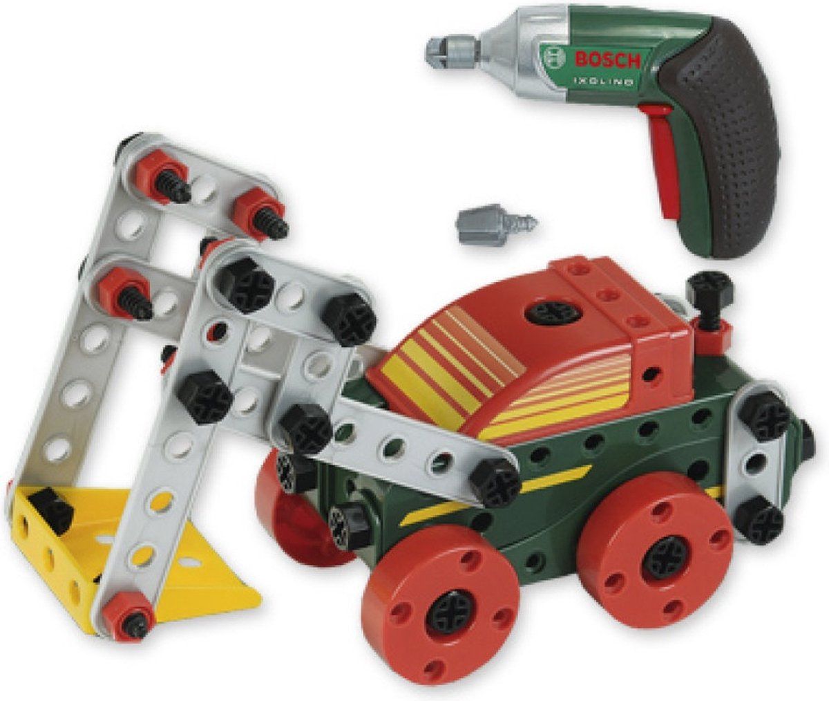 Klein Toys Bosch Multitech Ixolino II bouwpakket - 107 onderdelen, schroevendraaier, steeksleutel en accuschroevendraaier - incl. handleiding voor 11 modellen - groen rood geel