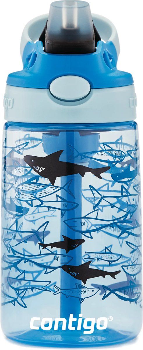 Contigo Easy Clean Autospout kinderdrinkfles met rietje, BPA-vrije stevige waterfles, 100% lekvrij, eenvoudige reiniging, ideaal voor kinderdagverblijf, kleuterschool, school en sport, 420 ml | Sharks