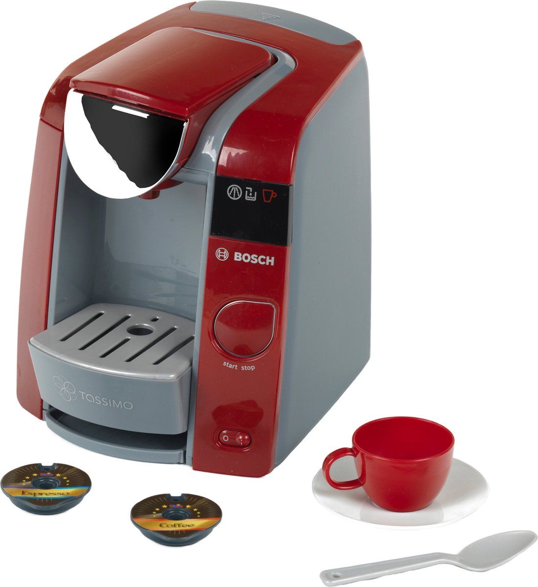 Klein Toys Bosch Tassimo koffiemachine - 20x16x20 cm - espressoset en 2 koffiepads - incl. waterreservoir en geluidseffecten - rood grijs