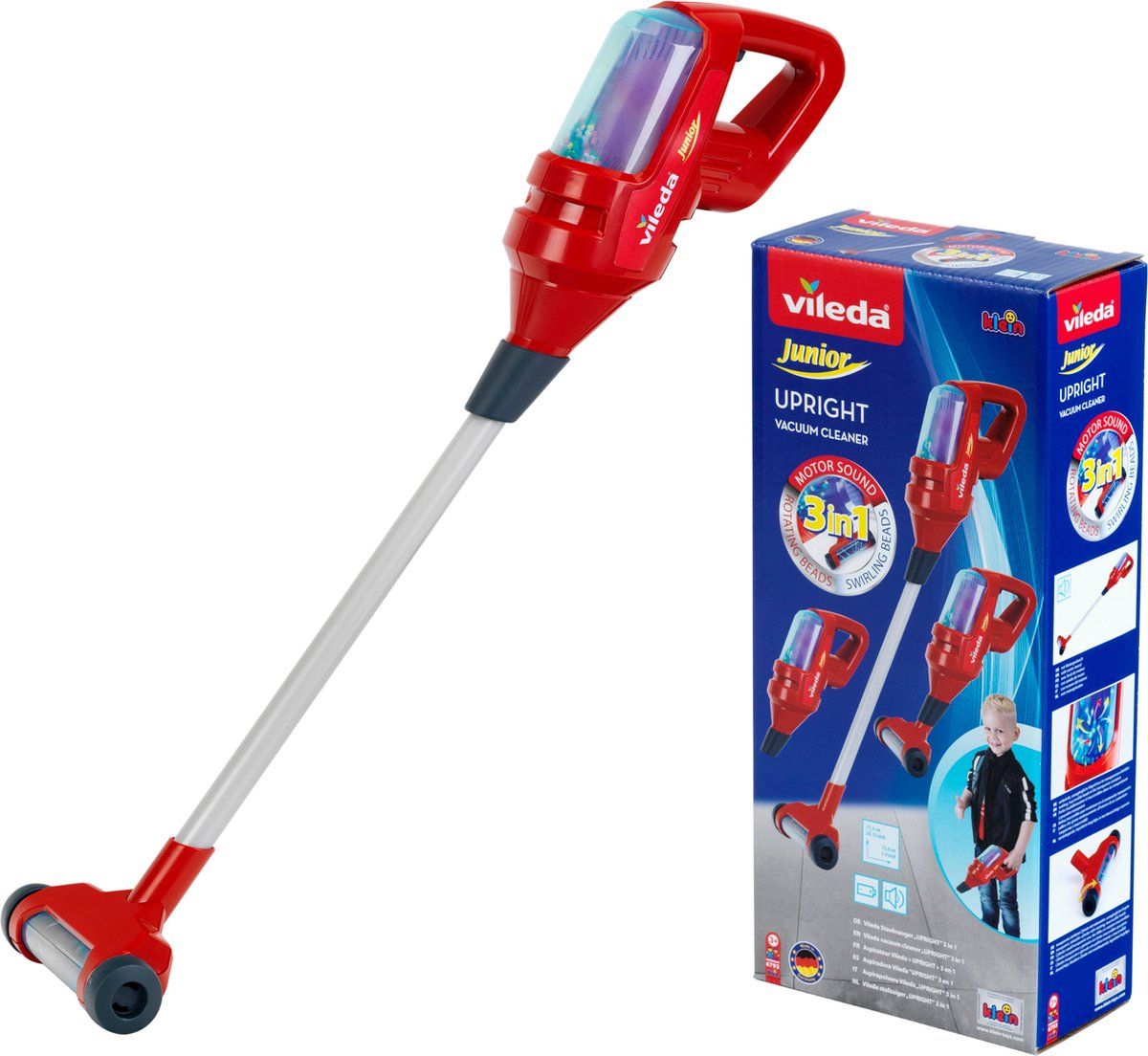 Klein Toys Vileda Upright stofzuiger 3in1 - incl. wervelende functie, soepel rollen en extra handmondstuk - 15x15x71,5 cm - rood