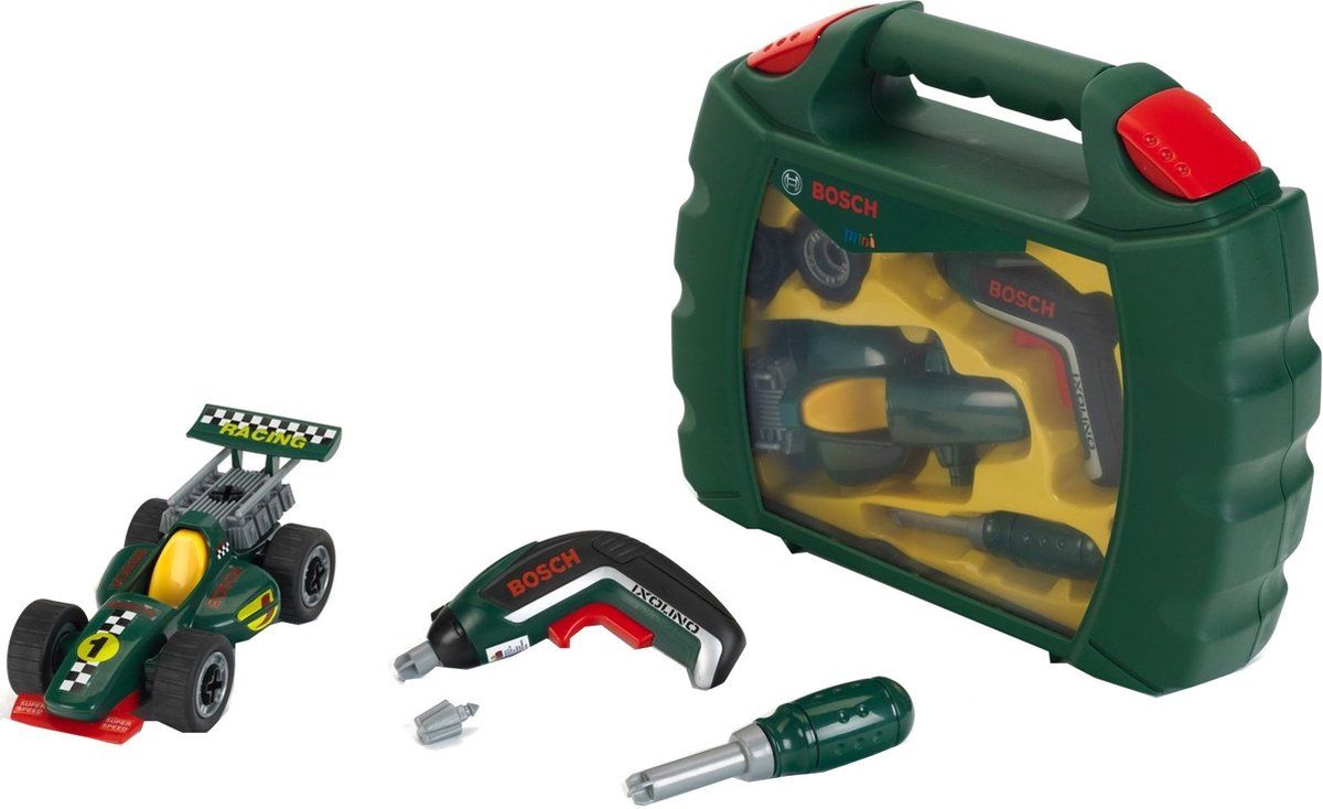 Klein Toys Bosch Ixolino II grand prix koffer - demonteerbare raceauto, accu-schroevendraaier en schroevendraaier - incl. licht- en geluidseffecten - groen zwart