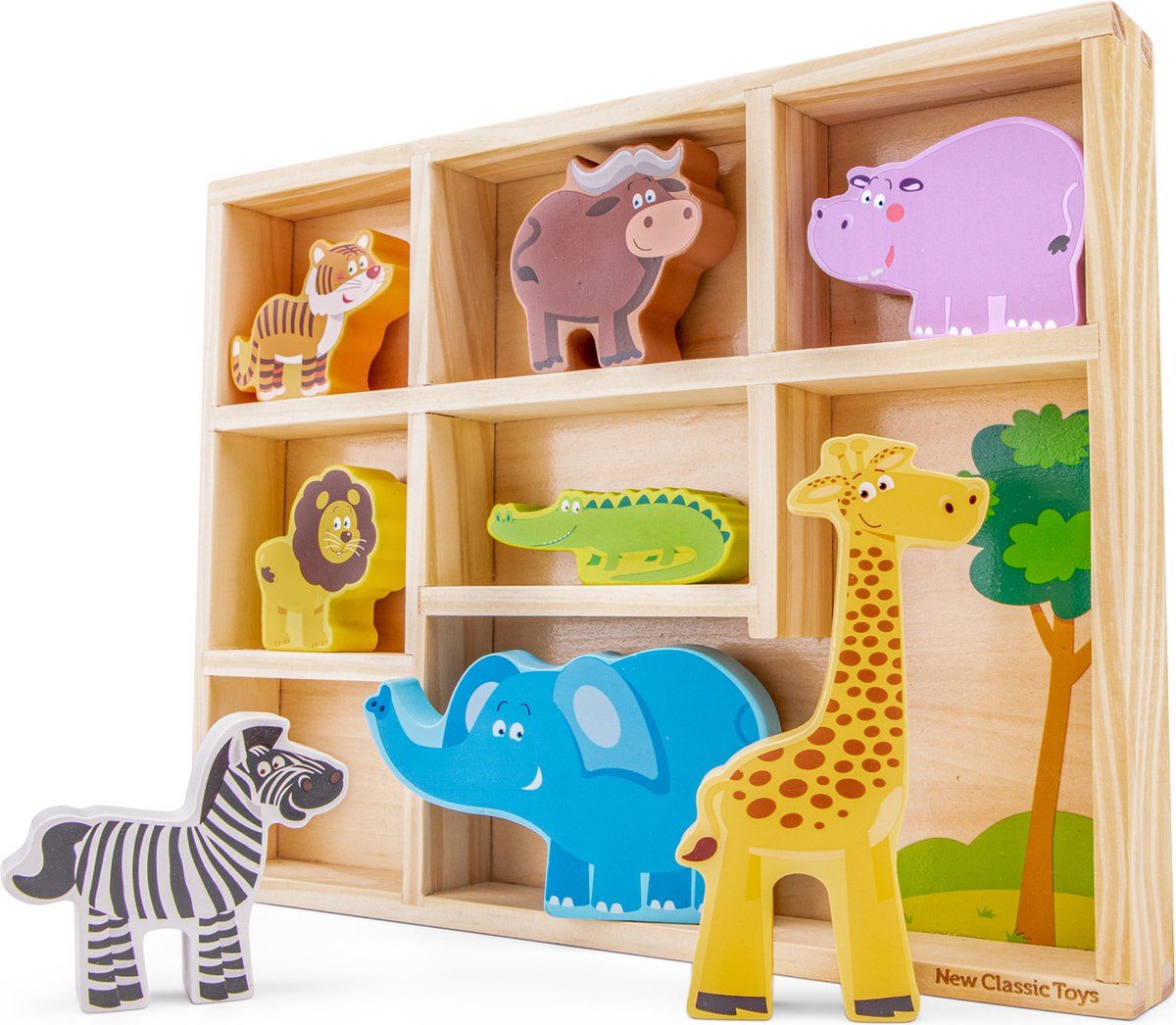 New Classic Toys - Houten Safari Dieren Speelgoed - Speelfigurenset in Houten Opbergdoos - Speelset - FSC