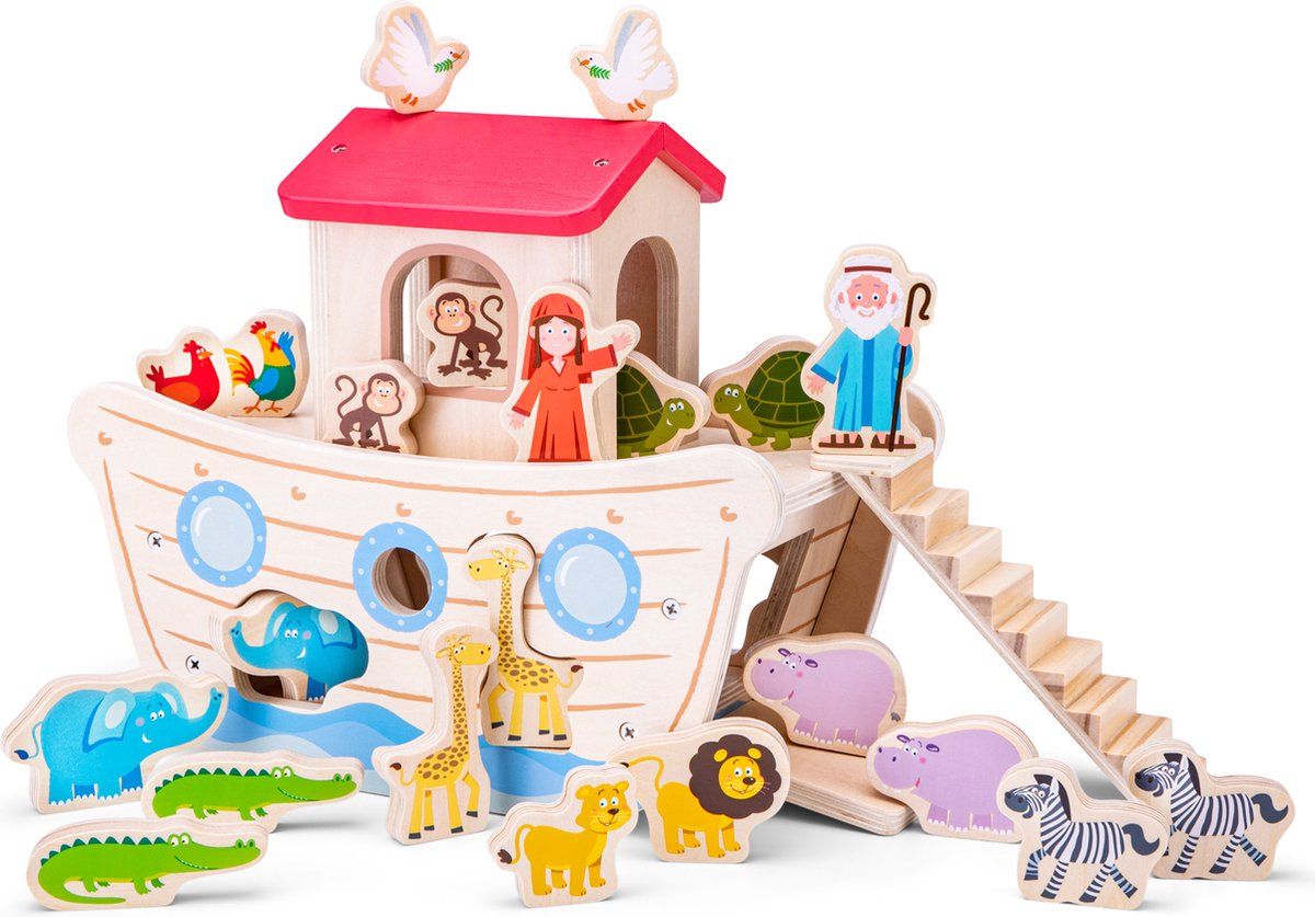 New Classic Toys - Houten Ark van Noach Speelset - Educatief Speelgoed met Vormenstoof - Inclusief 10 Paar Dieren en Figuren