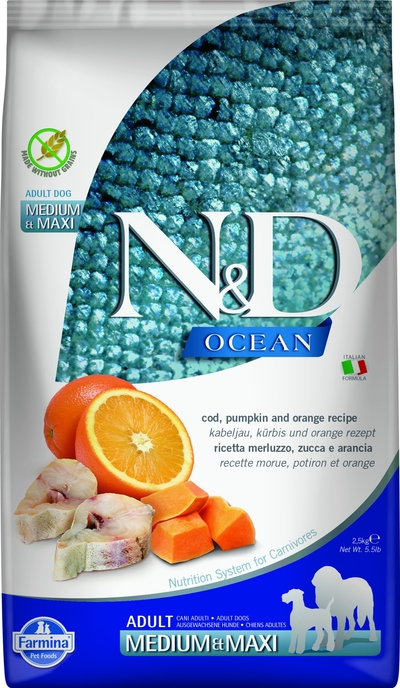 N&D Ocean hondenvoeding Kabeljauw met Pompoen medium/maxi 2,5 kg - hondenbrokken
