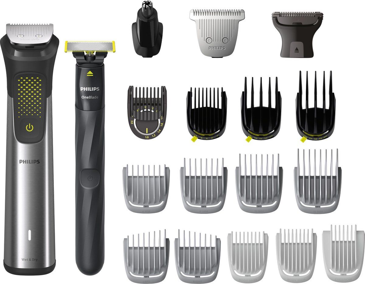 Philips All-in-One Series 9000 - MG9555/15 - Multigroom - Baardtrimmer - 20-in-1 - Baard, lichaam en haar - Inclusief OneBlade - RVS - Zilver