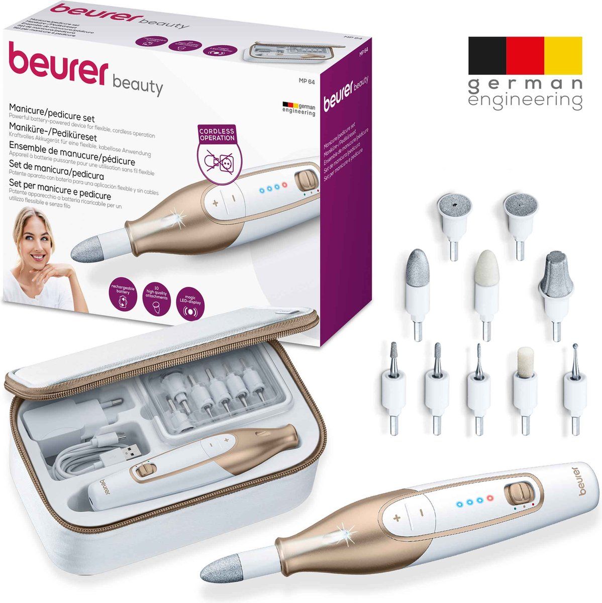 Beurer MP 64 Elektrische Nagelvijl - Nagelfrees - Tot 2 uur draadloos gebruik - Elektrische Manicure en Pedicure set - 10 Opzetstukken - LED Verlichting - 3 Jaar garantie