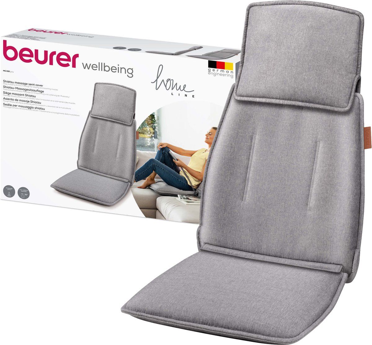 Beurer MG 330 Grey Shiatsu Massagekussen - Massagestoel - Verstelbaar nekgedeelte - 4 Massagekoppen paarsgewijs roterend - 2 Intensiteitsniveaus - Wasbare hoes - 3 Jaar garantie - Grijs