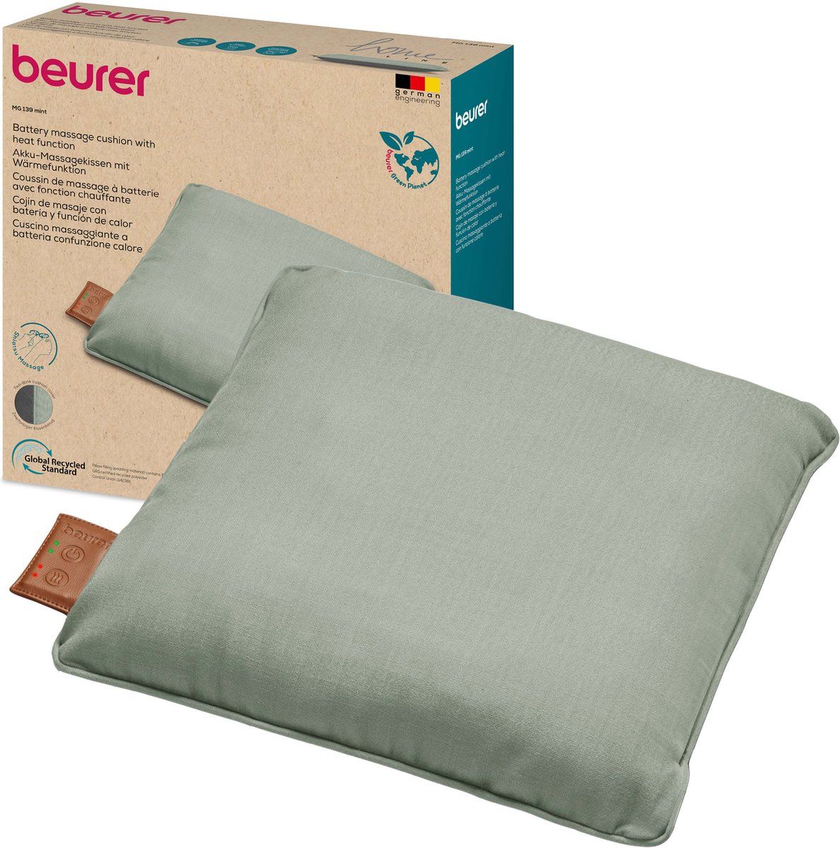 Beurer MG 139 Accu-massagekussen met warmtefunctie - Draadloos - Inschakelbare warmte - Gemaakt van gerecycled materiaal - Machinewasbaar - Automatische uitschakeling - 40 x 40 cm - Mint