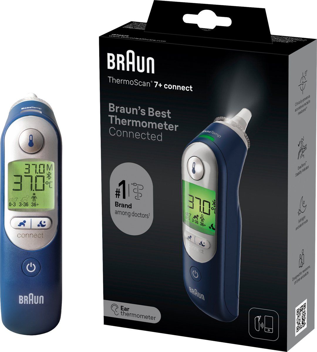 BRAUN IRT6575NWE - Braun ThermoScan® 7+ connect Oorthermometer | Werkt met Braun Family Care™-app | Age Precision®-technologie | Digitaal display met kleurcodes | Prettig voor baby's/kinderen | Merk nr. 1 bij artsen