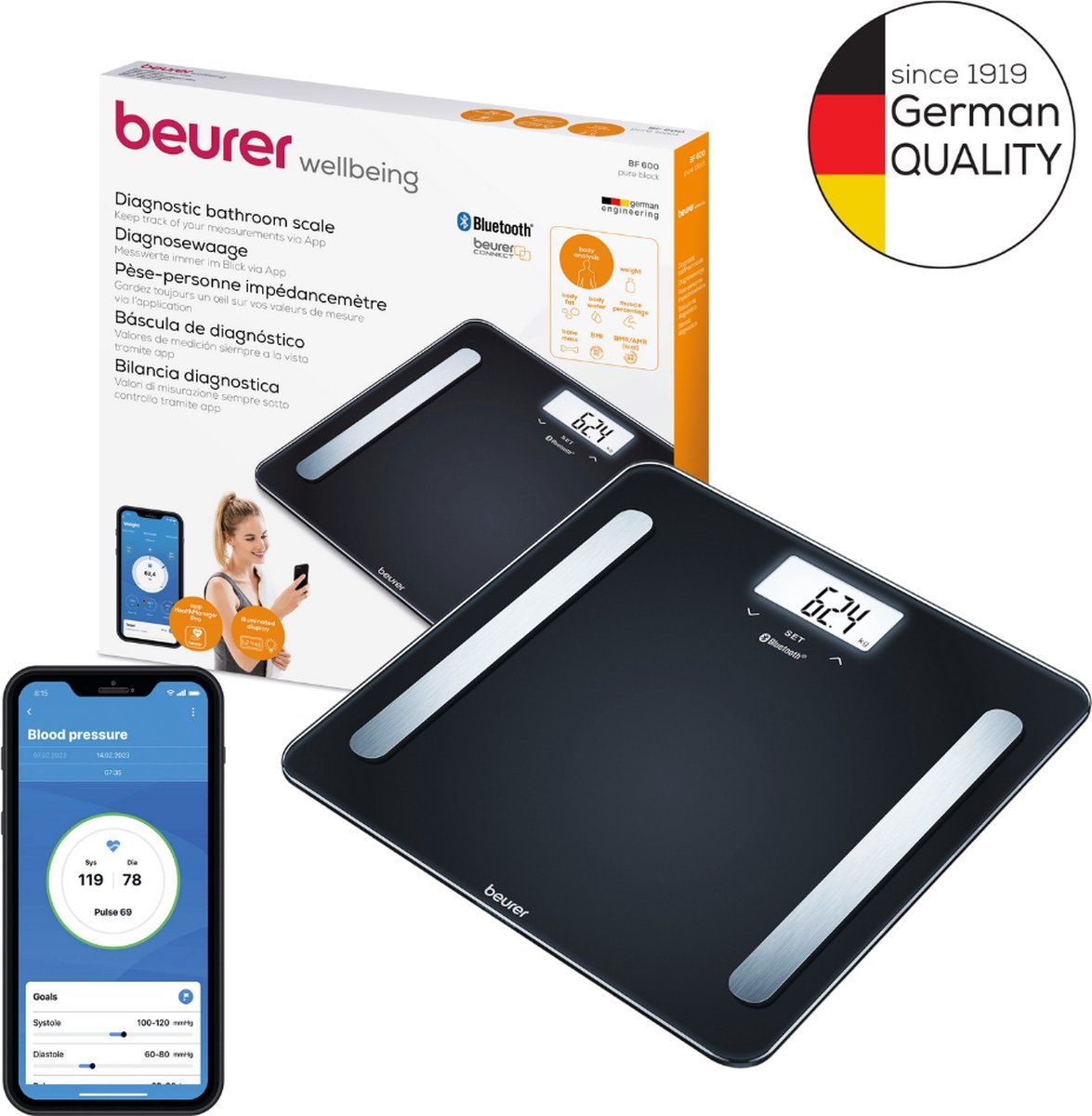 Beurer BF 600 Pure Bluetooth® Personenweegschaal - Lichaamsanalyse - Smart - HealthManager Pro app - BMI/AMR/BMR - Verlicht wit display - Tot 180 kg - 8 Gebruikers - 30 x 30 cm - Veiligheidsglas - Incl. batterijen - 5 Jaar garantie - Zwart