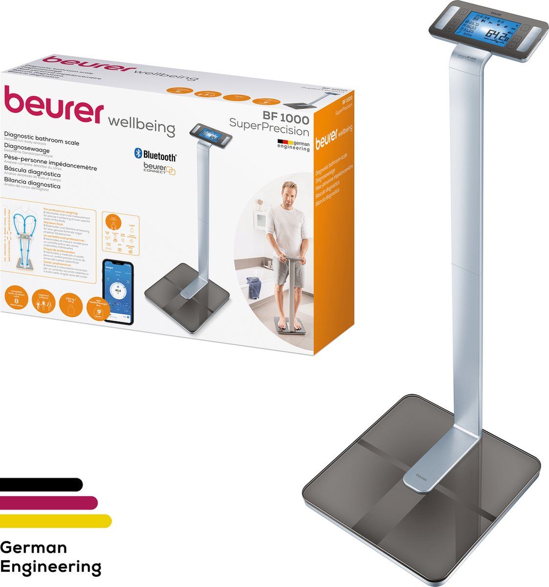 Beurer BF 1000 Super Precision Personenweegschaal - Uitgebreide lichaamsanalyse - Kolomweegschaal - Verlicht XXL display - Tot 200 kg - Kruismeting - 8 Elektroden - Bluetooth® - Beurer HealthManager Pro app - Incl. batterijen - 5 Jaar garantie